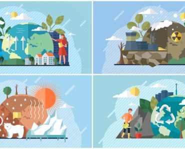 Set of illustrations about impact of human activity on environment