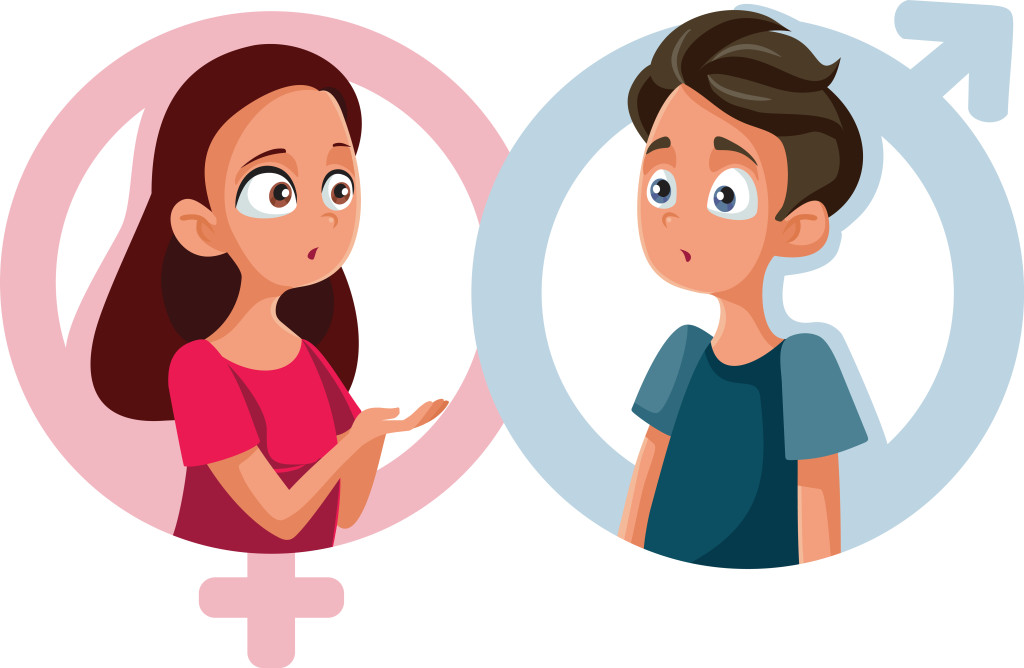 Boy and Girl in Health Education Class Vector Cartoon. Funny teens learning about reproduction and responsibilities