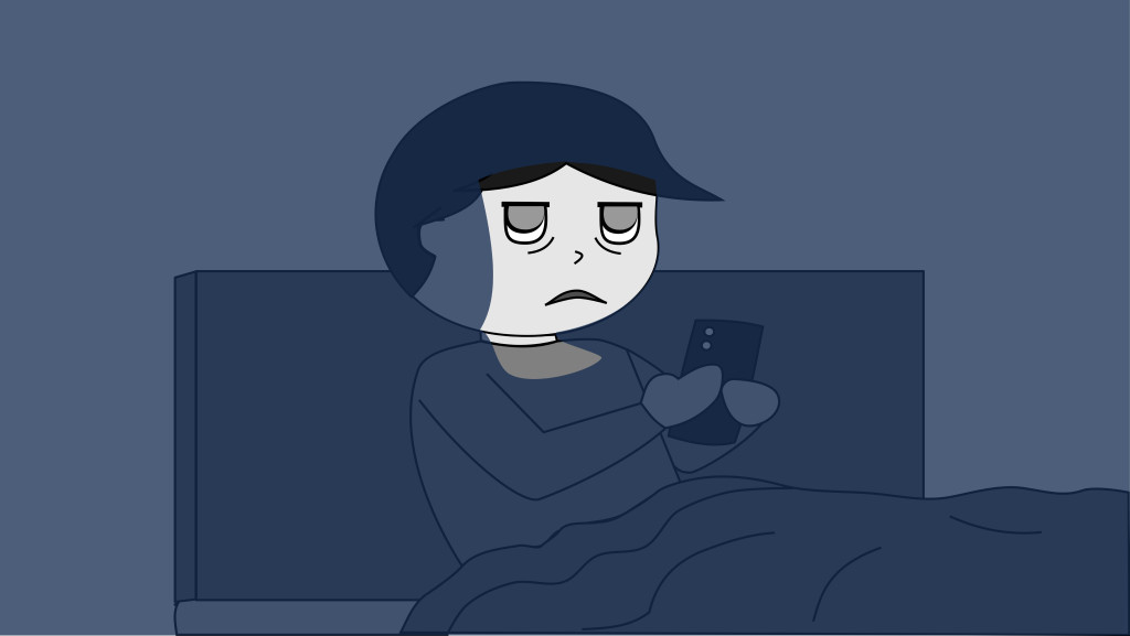 A cartoon of a young man sitting up in bed with only the light from his phone screen lighting up his face