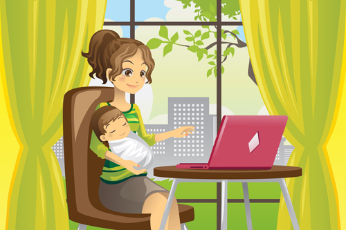 A,Vector,Illustration,Of,A,Mother,Working,On,A,Laptop